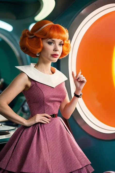 Gere uma imagem hiper-realista de 8K de Christina hendricks como jet jetsons, penteado anos 70, vestindo vestido jet jetsons violeta e lilás claro, colar branco triangular para vestido, vestido com saia dupla, pulseira como anel de metal NA MÃO, cachos de pérolas brancas, penteado corte jet jetsons, cabelo laranja, adotando um estilo visual inspirado por Wes Anderson, sistema de câmera RED para capturar a cena com precisão, o enquadramento simétrico característico de Wes Anderson, paleta de cores vibrantes, e meticuloso design de cenário, Controle de iluminação para um conjunto suave, sombras difusas, buscando um toque whimsical, Atmosfera nostálgica, Priorize a captura de detalhes intrincados usando as capacidades de alta resolução da câmera RED, A imagem final deve combinar perfeitamente os elementos futuristas do mundo dos Jetsons com a estética visual distinta de Wes Anderson, imagem ruim-chill-75v, jane, ca45mv7-100