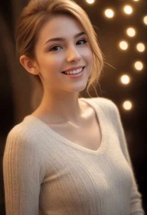 a woman with a smile on her face and a sweater