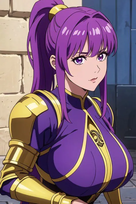 warrior woman with (huge breasts) and a purple ponytail stands in a medieval city, wearing intricate armor, (8k uhd, masterpiece...