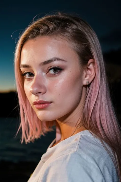 RAW photo of 21 year old girl, pink hair, (headshot:1.1) portrait on a nighttime background, lips open, sharp focus, best quality, extremely detailed BREAK ca45mv7-100, dj lauren lane, night sky, star lit, bioluminescent. Oceanside moonlit sky. Water sparkling in background.