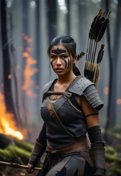 Raw photo, 8K, hi-resolution, 1girl, woman in musk tunic, leaves coat, black tribal paints on face,  wood spiral helm, busty petite, dirty mud on body , torn tunic, , in forest, warrior pose,  , at night, white fires around her, flying ash, bow&arrow, detailed, hyper realistic, angry expression, lines<lora:oneimage5:8:8:lbw=SDXL_OUTALL> indescribable,mysterious smoky forest on fire at the beginning of reality, dynamic pose.