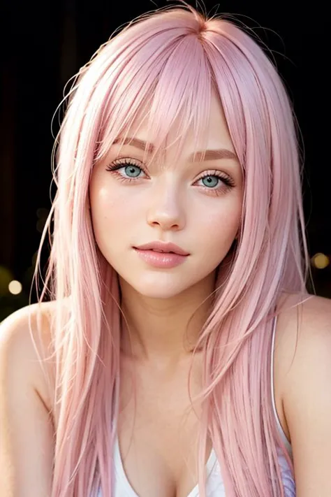 cabelo rosa claro, aparência jovem, alivia alyn lind, Tiros na Cabeça, configuração noturna, iluminação quente, ambiente atmosférico, confiante, Pose casual, mas elegante, Lábios brilhantes, Expressão facial relaxada, posou para uma foto, texturas de alta resolução, tons de pele realistas, características faciais detalhadas, Iluminação e sombreamento autênticos