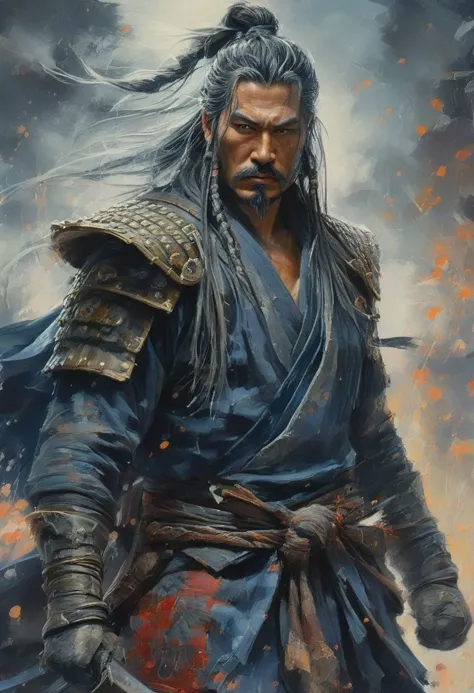 a painting of a man with long hair and a sword