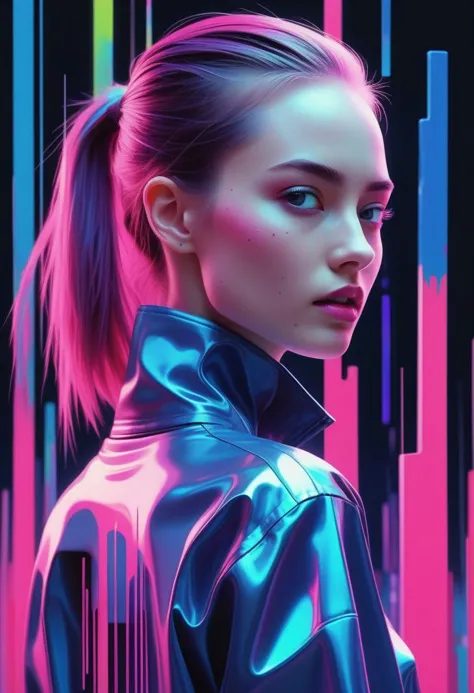 holographic, the matrix, abtract, Bone, Linen, Deep Pink, Chambray Blue, multicolor, glowing, bright, sharp, decontruction, glitch, art, digital painting, young woman,  cute, cutesy, wide shot, Macro,