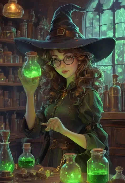 digital painting, 8K, hi-resolution, witch, brown, curly hair, witch hat, glasses, nerd, dorky, 
checked dress, green eyes,  glo...