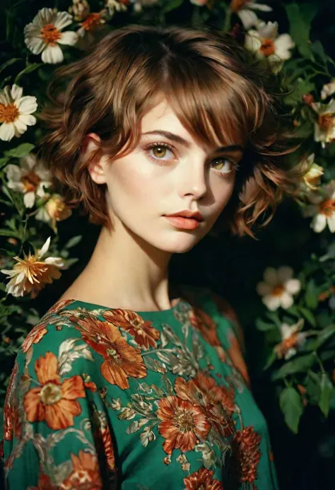 RAW Photography, a beautiful lady, short light brown hair, creative hairdo, beautiful hazel green eyes, imaginative use of floral patterns, she is very creative and a sensitive soul, a muse, vulnerable, fashion shoot, intricate details, 8k, masterpiece, dynamic play of light, deep darks, rich emotive colors, 35mm photograph, kodachrome, dust particles caught in the light