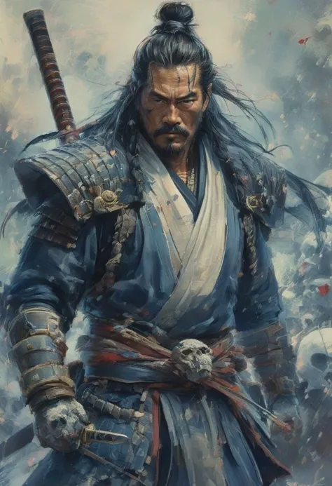 digital painting, 32k, 8K, high-resolution, 1man, mature Japanese man, samurai warrior, heavy armor, ((very intricate)), blue and white kimono with beautiful patern, shaded eyes that gaze, loose hair, belt, ((long braided hair)), blood stains, ((hood)), torn cape, muscular body, surrounded by skulls, muscular legs, walking towards viewer, dirty face, scar, flying ash, katanas, lines<lora:oneimage5:8:8:lbw=SDXL_OUTALL> indescribable,mysterious smoky fields on fire at the beginning of reality, dynamic pose.