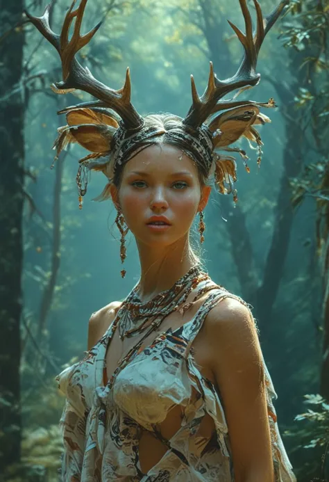 Super Close Up shot, The most beautiful fantastic creature of the world, female, deer antlers, mythological, she wears a tribal ...