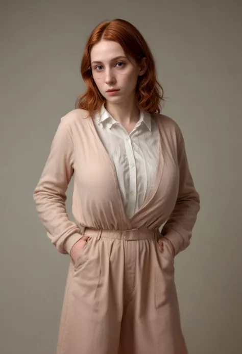 a woman in a beige cardigan and white shirt posing for a picture