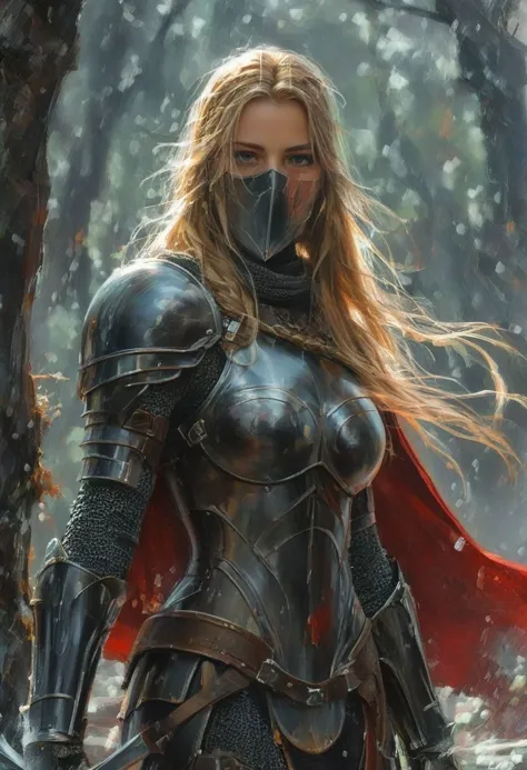 digital painting, 1girl, mature woman, knight armor, armor helmet partially covering face, chestplate, black armor, blonde long hair, long hair braids, red cape, thicc figure, from below, medium breasts, long legs, legs armor, wet armor, beautiful face lines<lora:oneimage5:8:8:lbw=SDXL_OUTALL> indescribable,mysterious scifi smocky forest at the beginning of reality