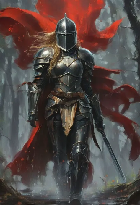 digital painting, 1girl, mature woman, knight armor, armor helmet partially covering face, chestplate, black armor, blonde long ...