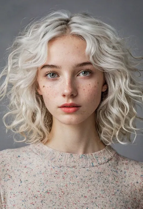 flash photo of a youthful girl,((( tack focus on eyes)))very skinny, fair skin , white hair , freckles ,(((back to camera))),pos...