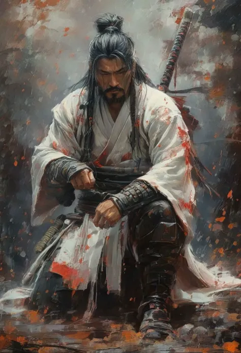 pintura digital, 32 mil, 8K, alta resolução, 1 homem, Homem japonês maduro, guerreiros samurais, armadura pesada, muito complicado, quimono branco, olhos negros que olham, cabelo solto, cinto, ((cabelo longo trançado)), manchas de sangue, ((capuz)), torn cape, corpo musculoso, cercado por crânios, pernas musculosas, de joelhos olhando para baixo, cara suja, cicatriz, cinzas voadoras, katanas, linhas indescritíveis,campos misteriosos e fumegantes em chamas no início da realidade, pose dinâmica.