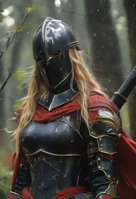 a close up of a woman in a black and red outfit holding a sword