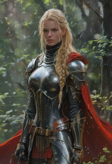 a painting of a woman in armor standing in a forest