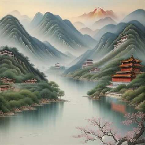 beautiful Chinese Landscape Art, best quality, intricate, (water colors), muted colors