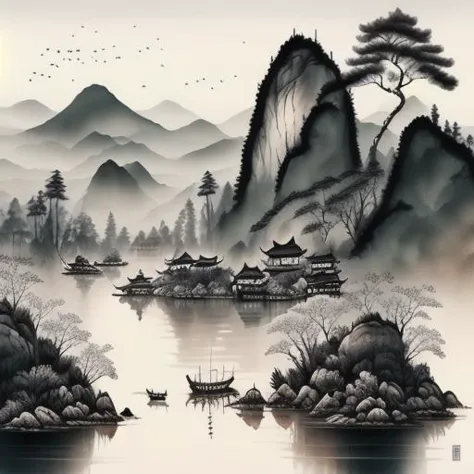 beautiful Chinese Landscape Art, best quality, intricate, (water colors), clear,  <lora:Chinese_Ink_Painting_style:1>