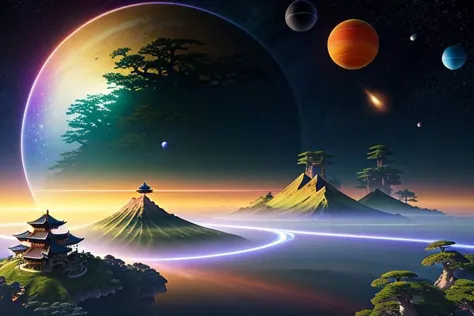 ((Top-notch quality)), ((Masterwork)), ((True-to-life)), Exoplanet Horizon View, Two suns setting, orbs of light representing spacecraft, tree of life at the center, diverse landscapes including mountains, forests, and rivers, Extraterrestrial planet with abundant details, Open air with a mix of subaqueous and airborne elements, nocturnal ambiance, Gentle, atmospheric, neon, hazy, dewy, Katsushika Hokusai, Fantastical, non-representational, street art, Digital artwork with 3D elements, Sci-fi, landscape, fantasy, Soft tones, energetic, dramatic lighting, emerald, tangerine, scarlet, Three dimensional, Octane Render, Blender Cycles, High-res, 4K resolution, 8K resolution, 64K resolution, at eye level, picturesque, masterwork