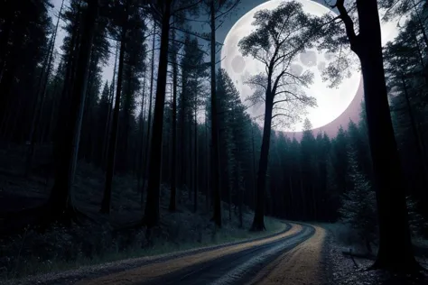 a close up of a road in the middle of a forest with a full moon in the background