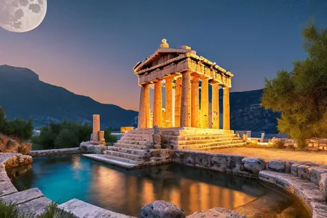 a beautiful Greek night landscape, a small temple, beautiful columns, a stream, stars in the sky, full moon, high res, 4k