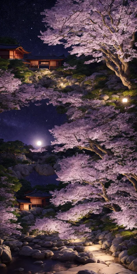 <lora:add_detail:1>masterpiece, extremely detailed, prefect quality, most detail, ray tracing, 8k, purple cherry blossoms, japanese garden, peaceful, night, full moon, stars, 1 frame, purple theme