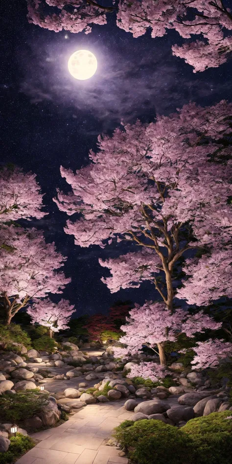 a close up of a pathway with a tree and a full moon