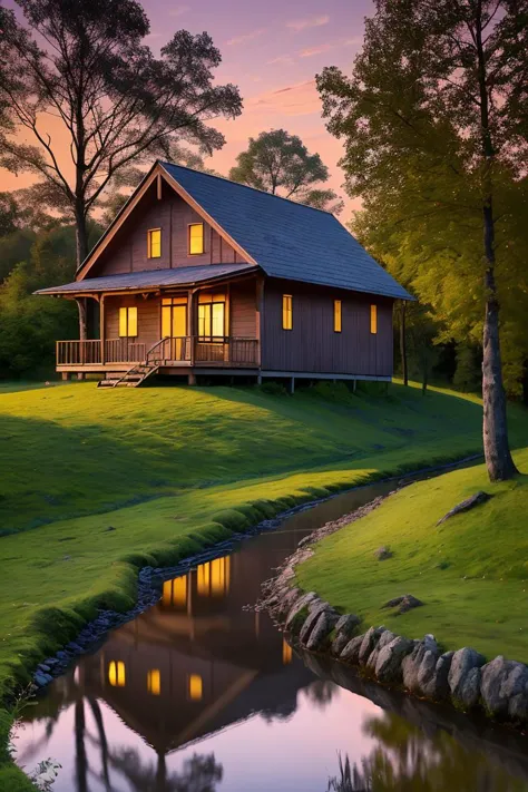 (masterpiece, best quality:1.3), 8k, hd, no humans, a wooden house, there are trees all around, river, purple sunset, clouds, ground angle,