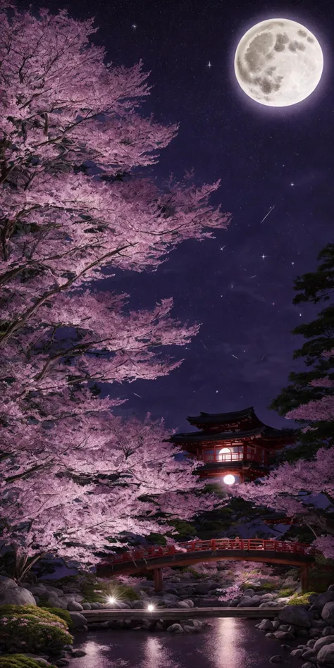 <lora:add_detail:1>masterpiece, extremely detailed, prefect quality, most detail, ray tracing, 8k, purple cherry blossoms, japanese garden, peaceful, night, full moon, stars, 1 frame, purple theme, purple glow