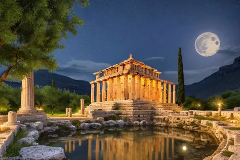 a beautiful Greek night landscape, a small temple, beautiful columns, a stream, stars in the sky, full moon, high res, 4k