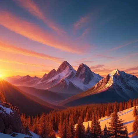 Mountain range, vibrant sunset, background, dream, wonderful, bright, sunlight, sun, dramatic, beautiful, masterpiece, photorealistic, extremely pretty, best render, best