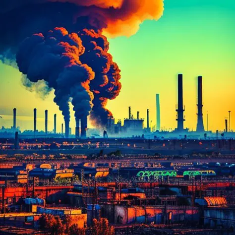 Industry, Factory, nature, corruption, land destruction, smoke, dark clouds, wasteland, vibrant colourful city in background, di...