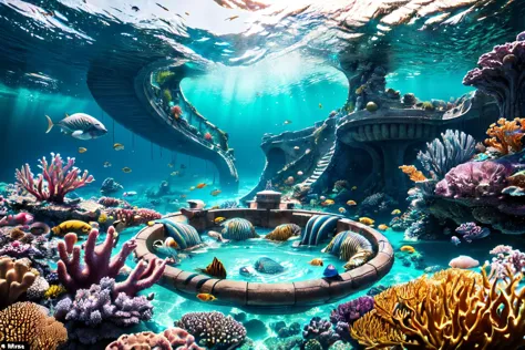 Real:2.0, Fujifilm XT,UHD, Photorealistic, high contrast, epic cinematic, soft studio lights, rim light, absurd, amazing, itricate, hyper detailed, ultra realistic, soft colors, 8K, Beautiful underwater scape,The picture describes an underwater city similar to Atlantis , which you can look down on from above through a huge whirlpool of all kinds of sea creatures circling the city,(hyperdetailed:1.1), (intricate details:1.0), (Refined details:1.1), (detailed radiant face:1.1), (best quality:1.1), 3d render, CGI, octane render, 35mm, bokeh, hdr, (intricate details, hyperdetailed:1.15), (hyperrealism:1.1), UnSea  