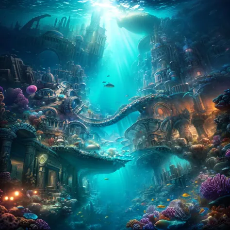 Real:2.0,UHD,Olympus Tough TG-6 shot, Photorealistic, high contrast, epic cinematic, soft studio lights, rim light, absurd, amazing, itricate, hyper detailed, ultra realistic, soft colors, 8K, Beautiful underwater scape,The picture describes an underwater city similar to Atlantis , which you can look down on from above through a huge whirlpool of all kinds of sea creatures circling the city,(hyperdetailed:1.1), (intricate details:1.0), (Refined details:1.1), (detailed radiant face:1.1), (best quality:1.1), 3d render, CGI, octane render, 35mm, bokeh, hdr, (intricate details, hyperdetailed:1.15), (hyperrealism:1.1), UnSea  