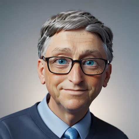 3D-Kinofilm.(Bill Gates:1.9) 70 Jahre alt (Karikatur:0.2).  bokeh, Fachmann, 4k, sehr detaillierte blaue Augen. Hautunreinheiten. graue Haare