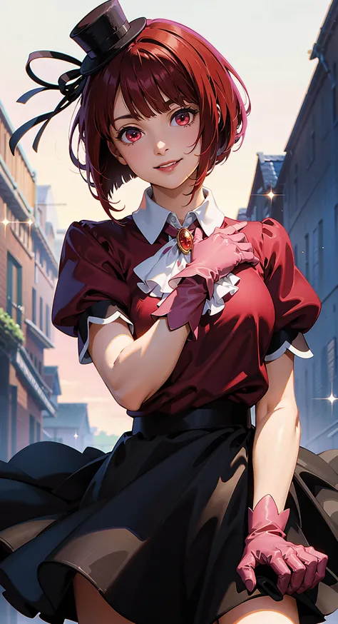 best quality), (masterpiece), (intricate detail, sharp focus), (official art), (perfect lighting), (soft lighting),
BREAK
 <lora:arima_kana_v1:0.7> aakana, short hair, mini hat, head tilt, red eyes, jewelry, brooch, white ascot, frills, red shirt, short sleeves, pink gloves, black skirt, (dynamic angle), (dynamic pose), smile,
BREAK
flowers, sparkles, details, extreme details