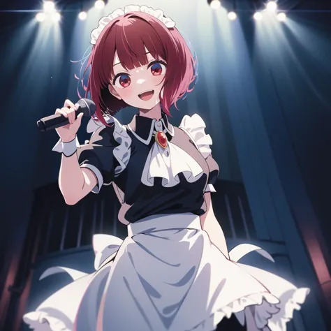 anime character with microphone in hand in front of stage lights