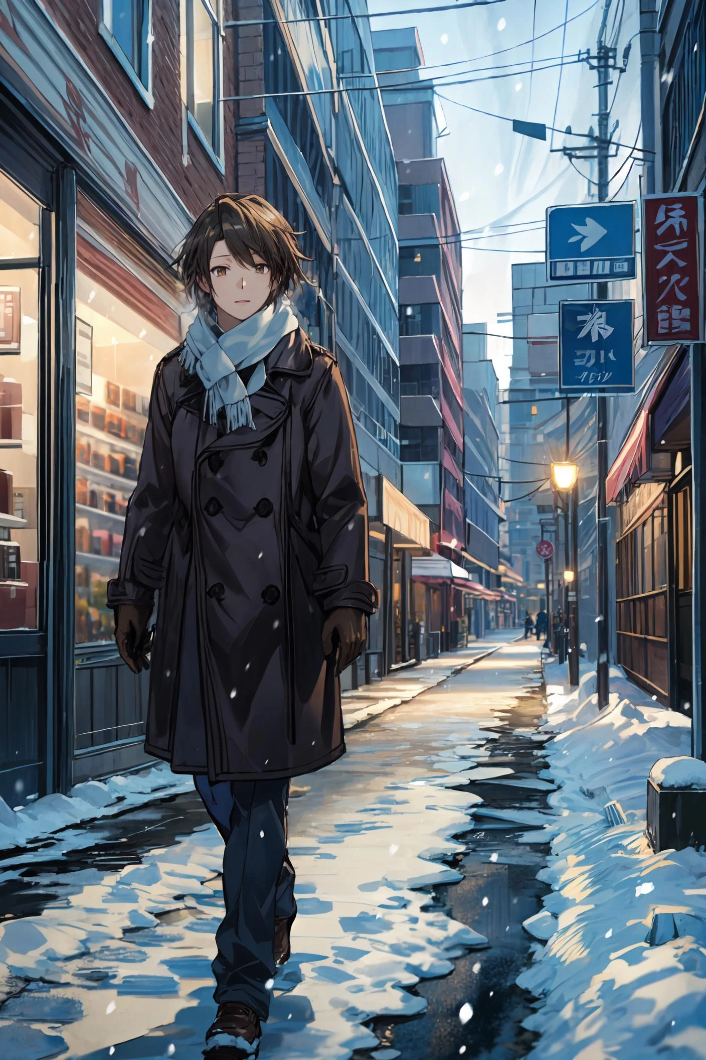 (masterpiece),best quality, Itsuki, coat, scarf, gloves, winter, snowing,snow, walking, street, shop, sidewalk, cloud, light sunlight,breath, looking at the viewer, 