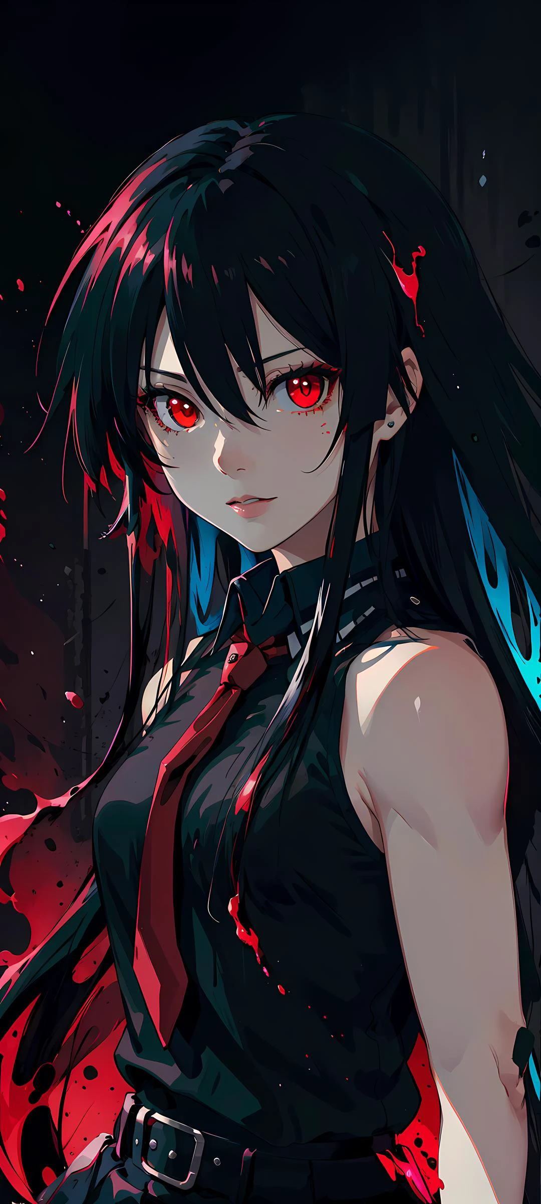 Akame, \(Akame ga kill!\), alta resolução, mais alta qualidade, ultra detalhado, (rosto detalhado), (olhos detalhados), melhor qualidade, hiper detalhado, Obra de arte, 1 garota, Sozinho, (Cabelo preto), cabelo longo, (camisa de colarinho preto), gravata vermelha, (sem mangas),Saia preta,  olhos luminosos, (olhos vermelhos), seios médios, (Alto contraste),  ((fundo colorido)), retroiluminação  