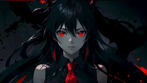 akame, \(akame ga kill!\), highres, highest quallity, ultra detailed, (detailed face), (detailed eyes), best quality, hyper detailed, masterpiece, 1girl, solo, (black hair), long hair, (black collared shirt), red necktie, (sleeveless),black skirt,  luminous eyes, (red eyes), medium breasts, (high contrast),  ((black background)), backlighting  