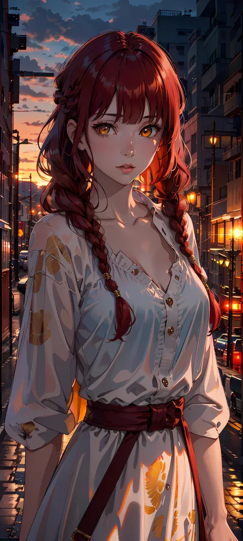 masterpiece, (photorealistic:1.4),1girl,  best quality, beautiful lighting, ((red hair))+(long braided hair)+(bangs), yellow eyes, golden eyes, (ringed eyes), RAW photo, 8k uhd, film grain, (1girl), city, (dress), sunset,   