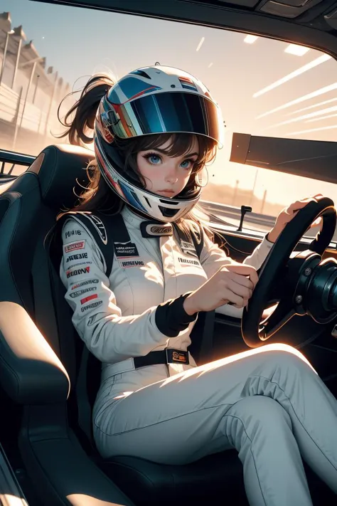 a woman in a racing suit sitting in a car with a helmet on