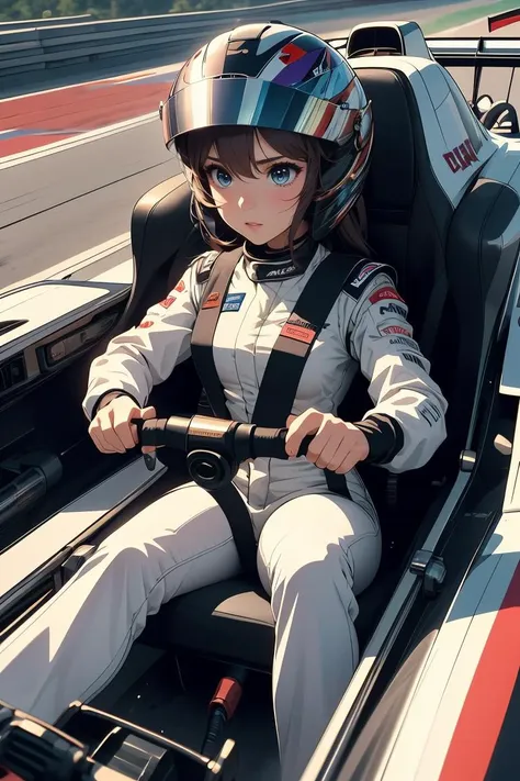 anime girl in a race car with a helmet on