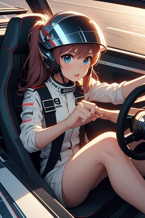 anime girl in a racing car with a helmet on