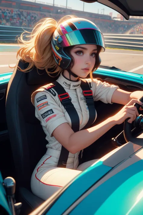 a woman in a racing car with a helmet on