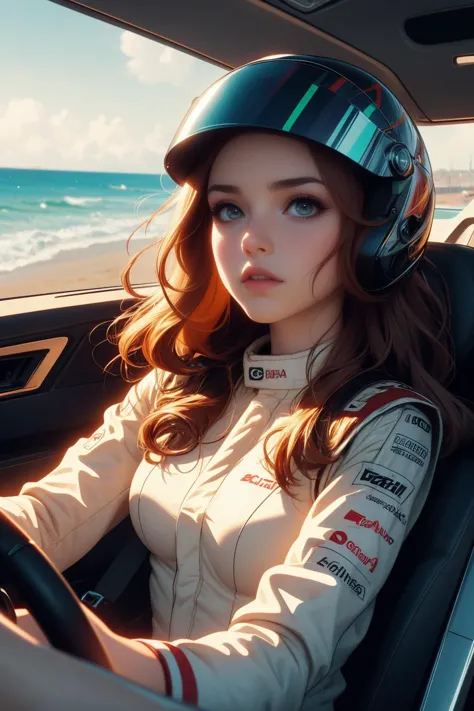 a woman in a racing car with a helmet on