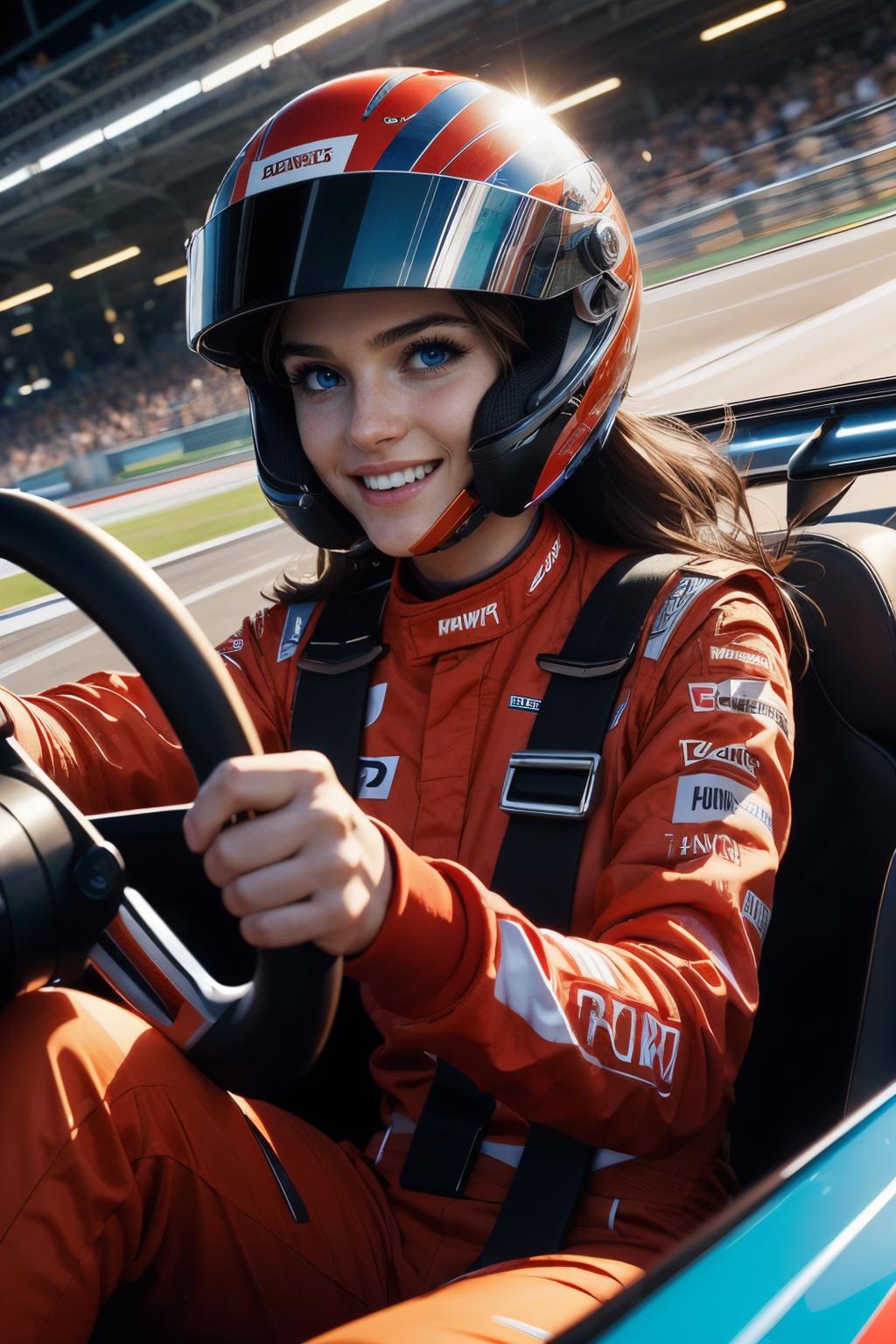 A woman in a racing uniform posing for a picture - SeaArt AI