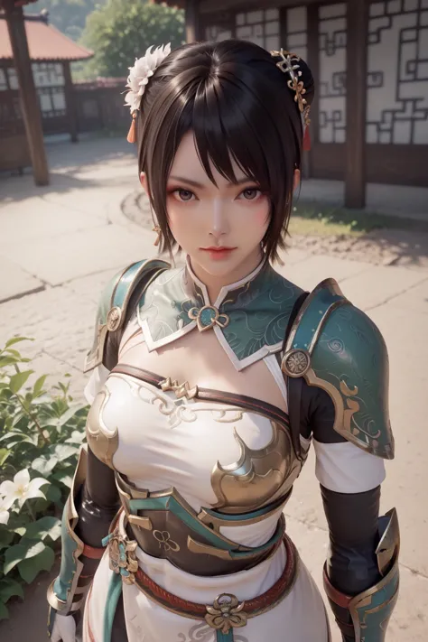 score_9, score_8_up, score_7_up, 1girl, solo, short hair, medium breast, looking at viewer, gloves, armor, outdoor, china style, hand on back, pov, <lora:Xingcai_Dynasty_Warrior:0.7>