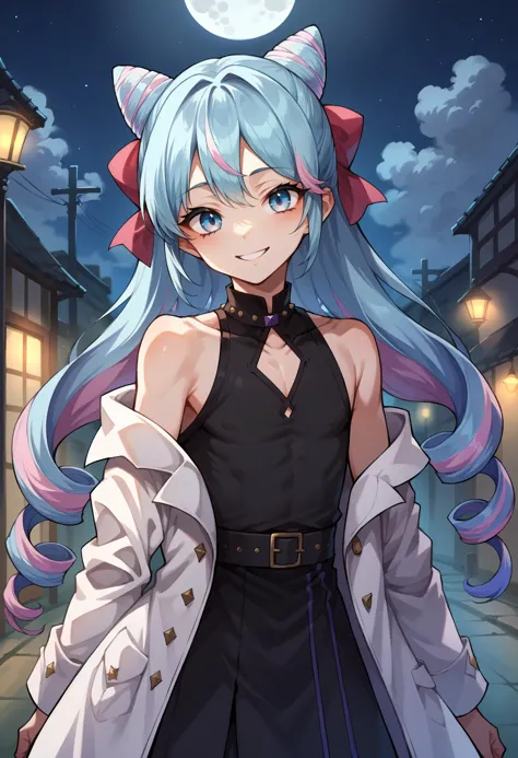 a woman with long blue hair and a cat ears stands in front of a street