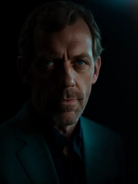 close-up portrait of a award winning photo of hugh laurie posing in a dark studio, (rim lighting,:1.4) two tone lighting, sharp focus, teal hue, octane, unreal, dimly lit, low key, 