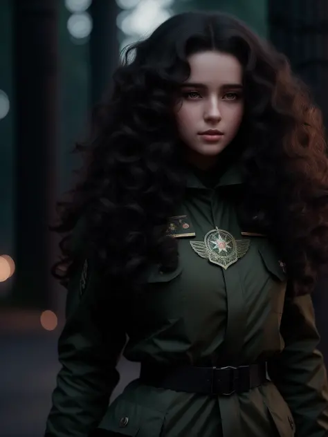 the most beautiful a magical girl with long curly hair and curly curly hair in style of russian military fatigues and black hair...